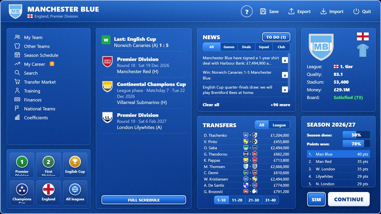 The club hub in Squadra Manager
